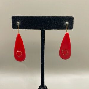 Vintage Gold Tone Red Enamel Heart Teardrop Dangle Drop Statement Earrings